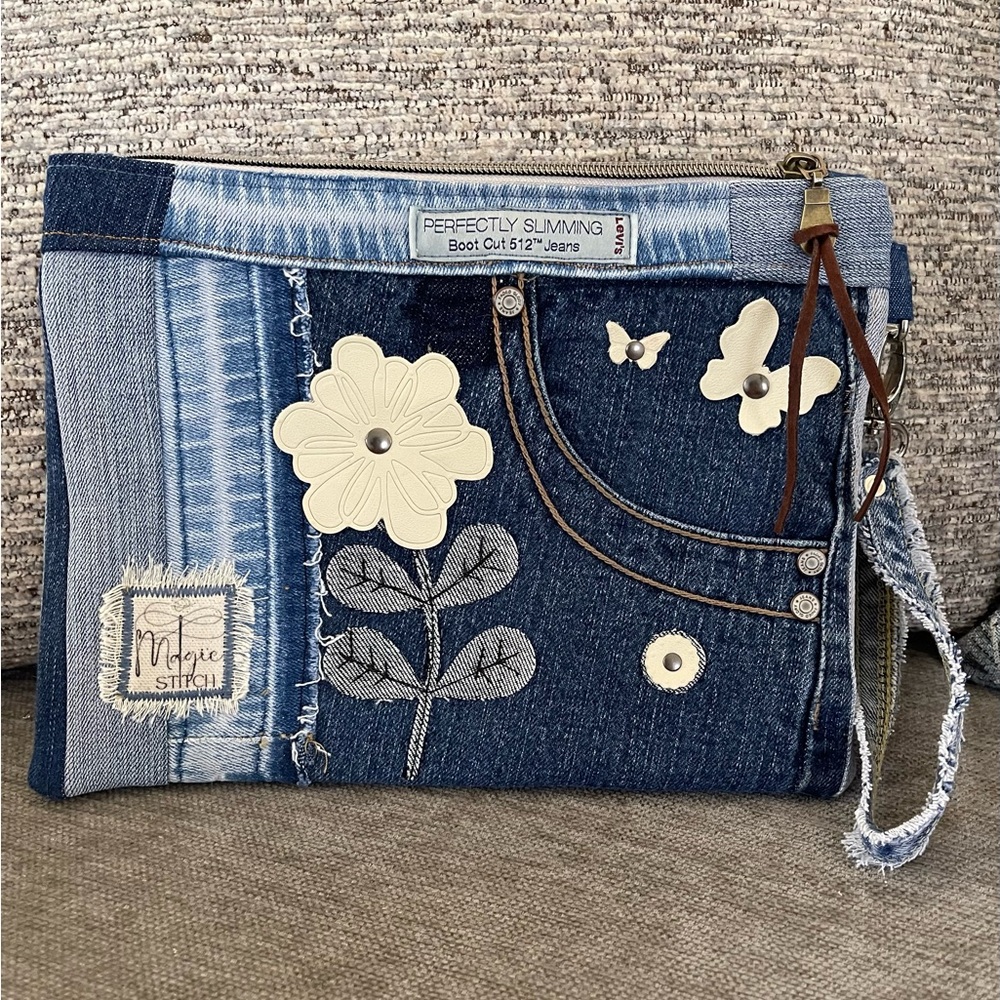 Bohemian Unique One-of-a-Kind Denim Patchwork Clutch with removable Wrist Handle